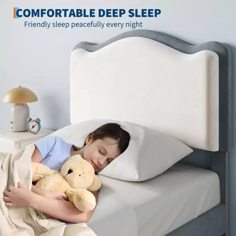 Cadre de lit plateforme simple avec tiroir de rangement, tête de lit festonnée et capitonnée pour enfants
