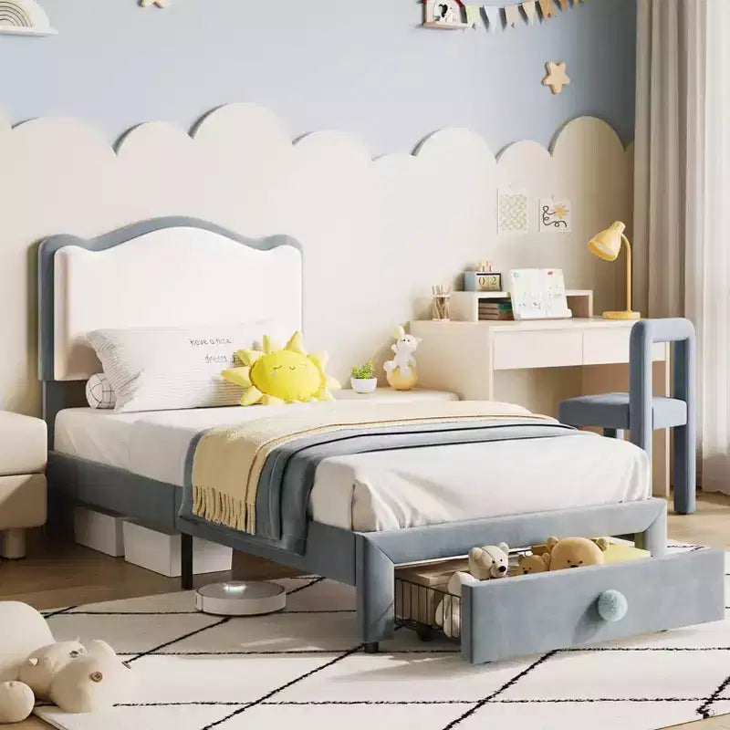 Cadre de lit plateforme simple avec tiroir de rangement, tête de lit festonnée et capitonnée pour enfants