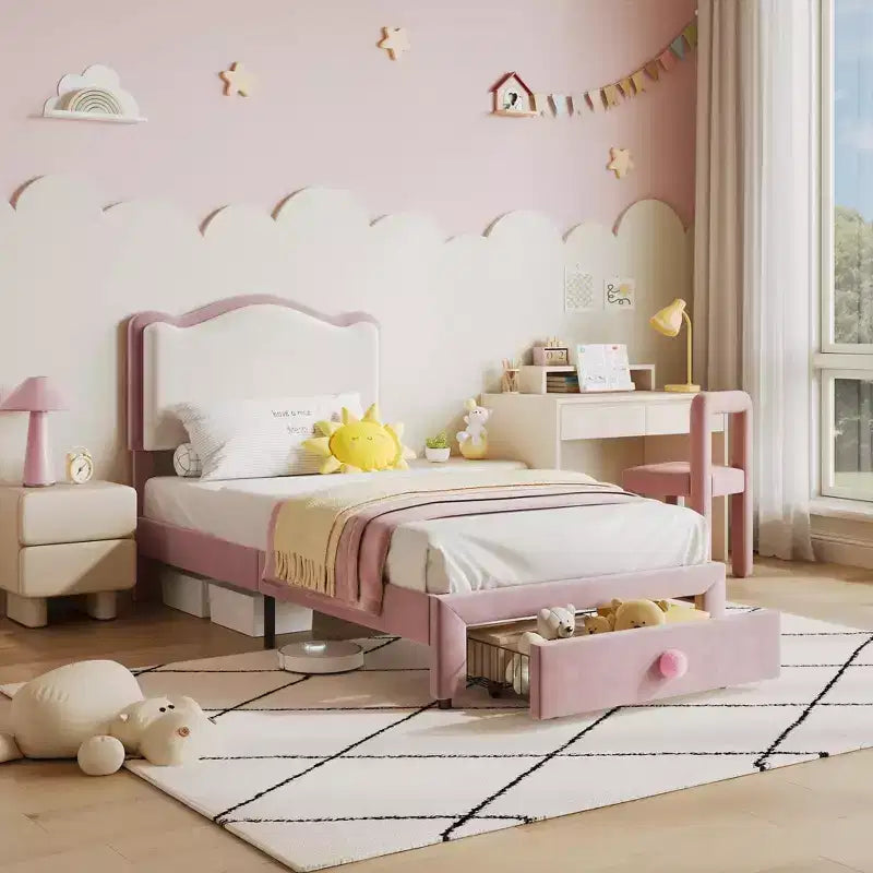 Cadre de lit plateforme simple avec tiroir de rangement, tête de lit festonnée et capitonnée pour enfants