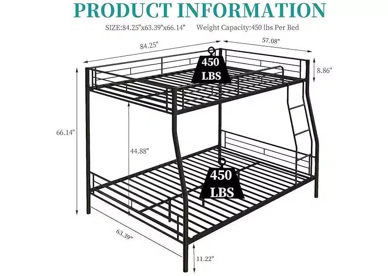 Lit superposé en métal robuste, double sur grand lit, pour adultes, sans bruit, sans sommier tapissier, noir