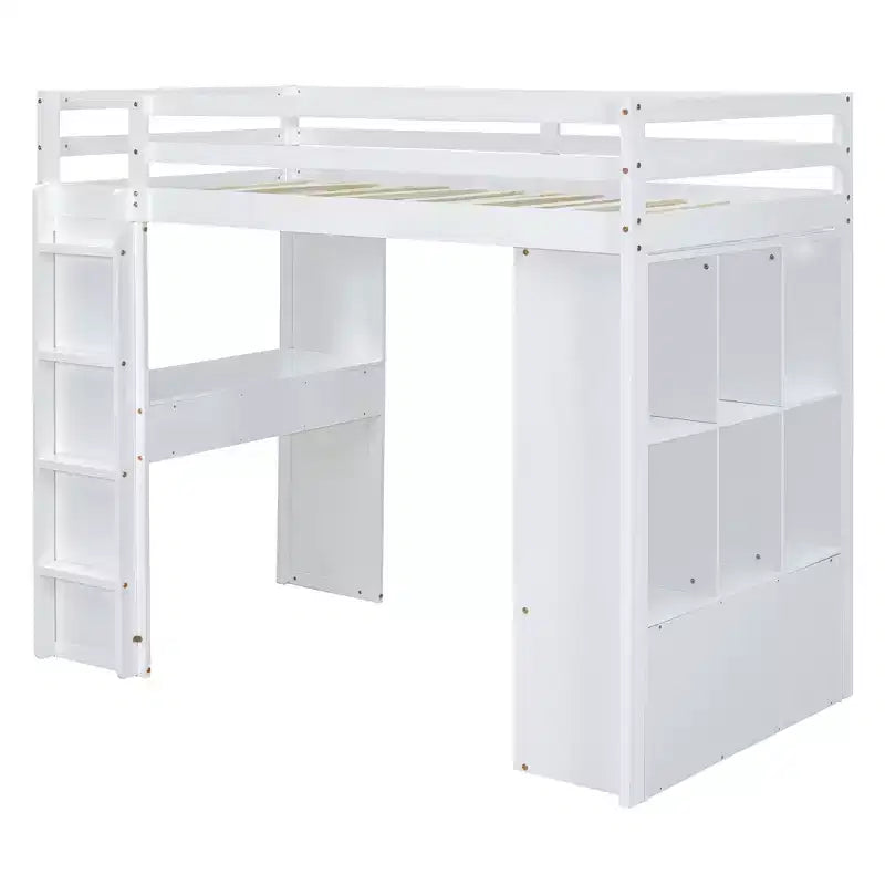 Lit mezzanine pleine grandeur avec grandes étagères, bureau et éclairage LED, blanc