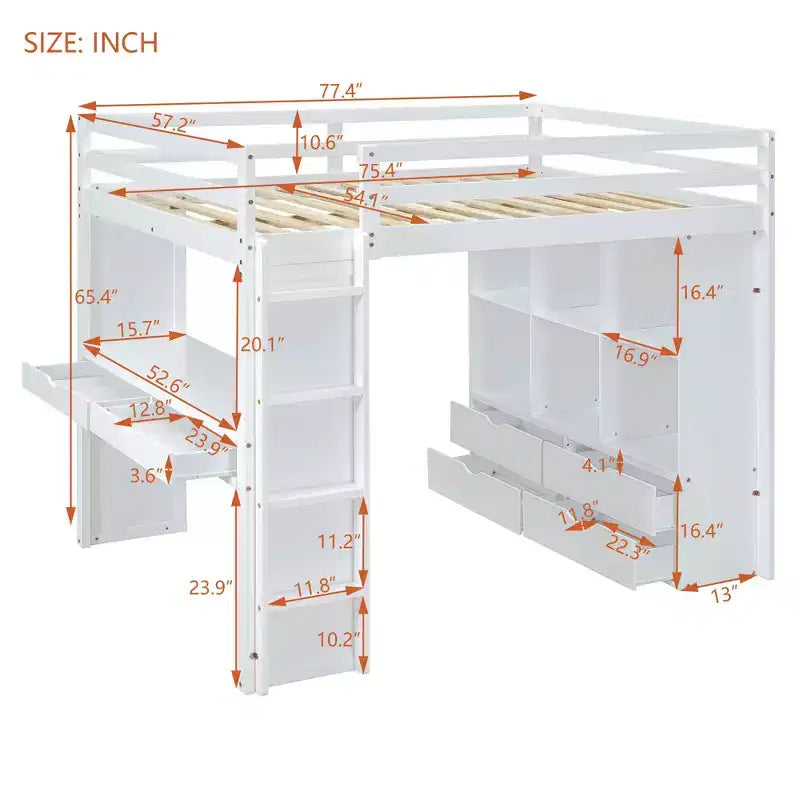 Lit mezzanine pleine grandeur avec grandes étagères, bureau et éclairage LED, blanc
