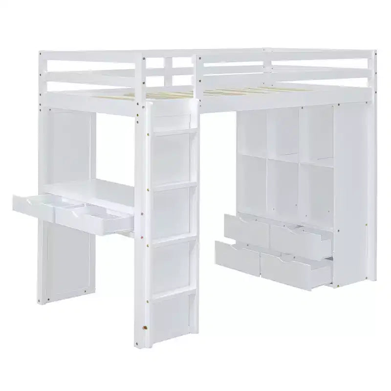 Lit mezzanine pleine grandeur avec grandes étagères, bureau et éclairage LED, blanc