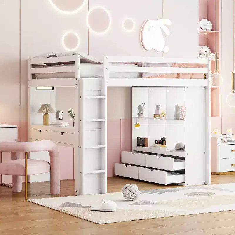 Lit mezzanine pleine grandeur avec grandes étagères, bureau et éclairage LED, blanc