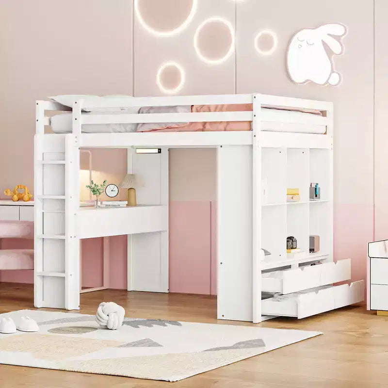 Lit mezzanine pleine grandeur avec grandes étagères, bureau et éclairage LED, blanc