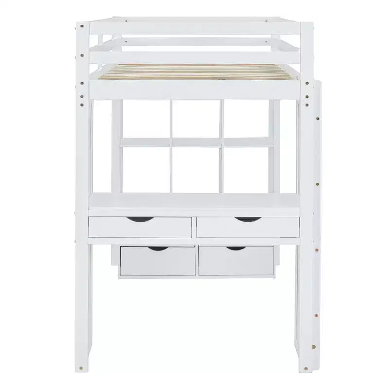 Lit mezzanine pleine grandeur avec grandes étagères, bureau et éclairage LED, blanc