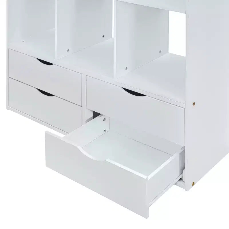 Lit mezzanine pleine grandeur avec grandes étagères, bureau et éclairage LED, blanc