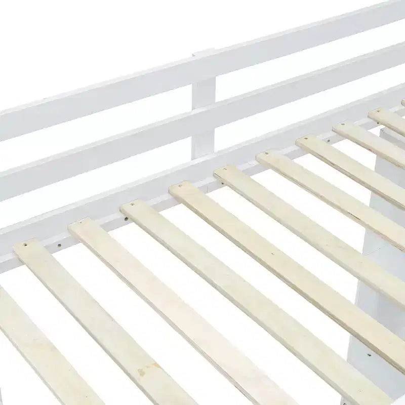 Lit mezzanine pleine grandeur avec grandes étagères, bureau et éclairage LED, blanc