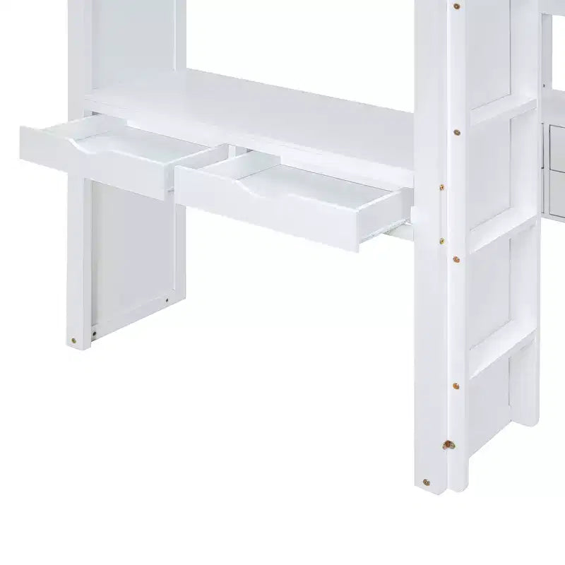 Lit mezzanine pleine grandeur avec grandes étagères, bureau et éclairage LED, blanc