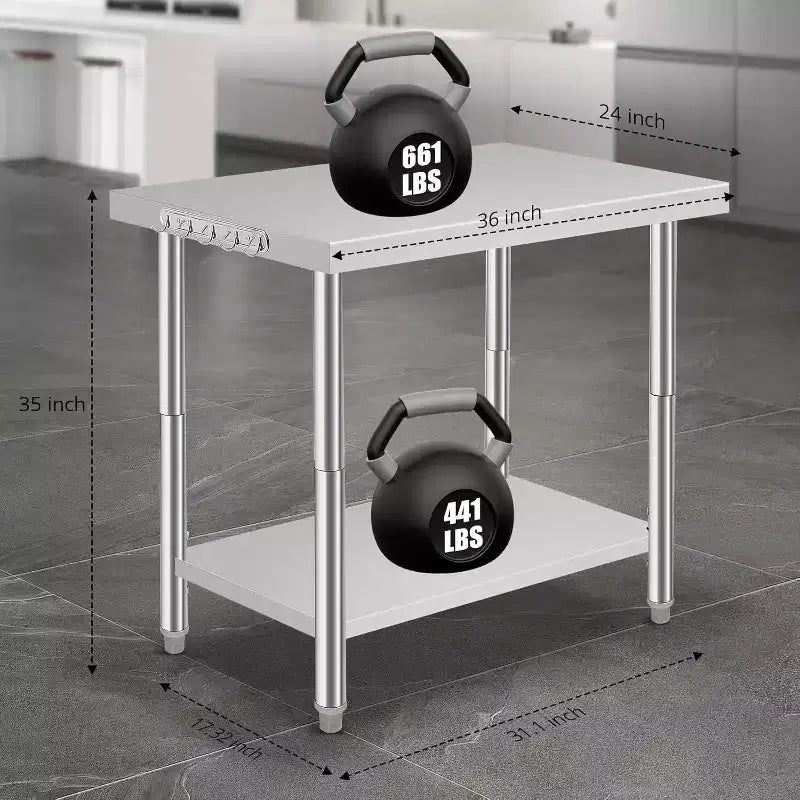 Table de préparation de cuisine 36x24x35 pouces avec étagère inférieure réglable, table de service en acier inoxydable pour restaurant, garage ou hôtel