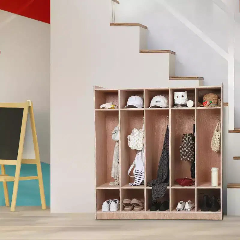 Vestiaire à 5 compartiments en bois pour enfants avec 5 crochets, 4 roues, 2 organisateurs, rangement pour garderie de taille enfant pour l'école à la maison ou la maternelle