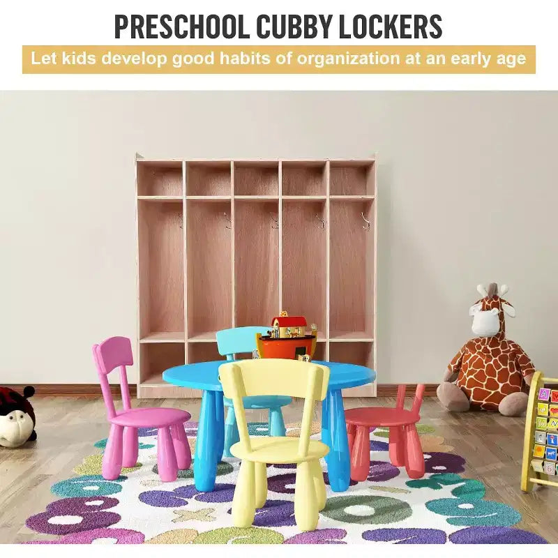 Vestiaire à 5 compartiments en bois pour enfants avec 5 crochets, 4 roues, 2 organisateurs, rangement pour garderie de taille enfant pour l'école à la maison ou la maternelle