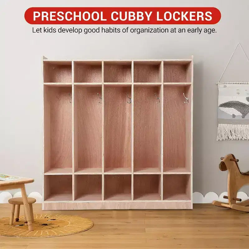 Vestiaire à 5 compartiments en bois pour enfants avec 5 crochets, 4 roues, 2 organisateurs, rangement pour garderie de taille enfant pour l'école à la maison ou la maternelle