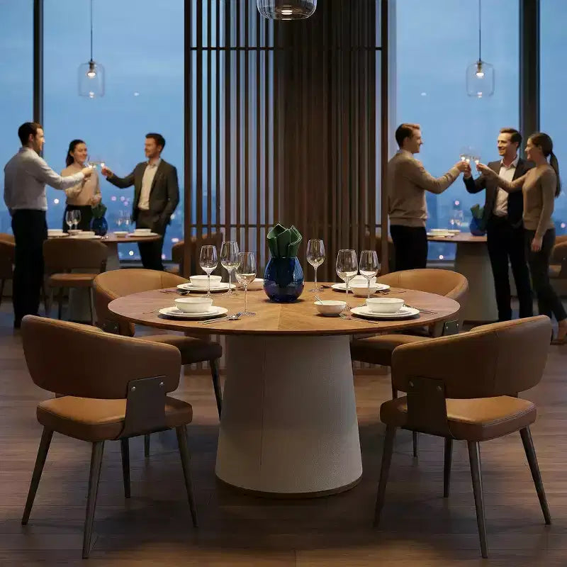 Table à manger ronde de 59 pouces avec base en bois massif et piédestal enveloppé de similicuir, table de cuisine moderne pour salle à manger