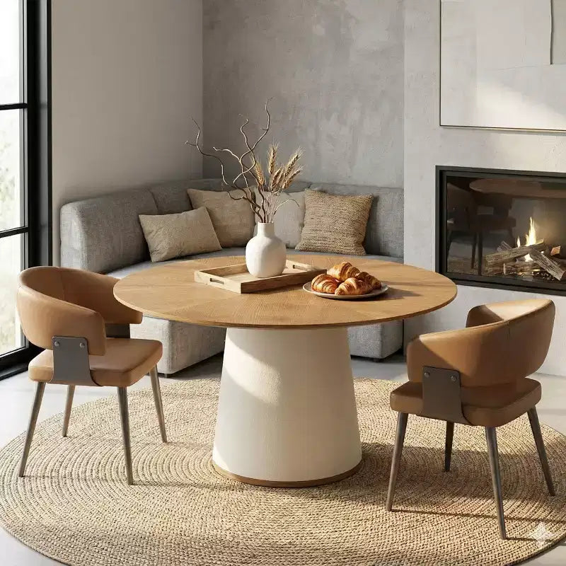 Table à manger ronde de 59 pouces avec base en bois massif et piédestal enveloppé de similicuir, table de cuisine moderne pour salle à manger
