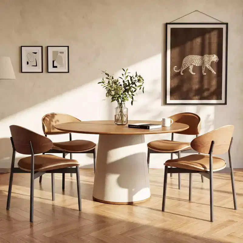 Table à manger ronde de 59 pouces avec base en bois massif et piédestal enveloppé de similicuir, table de cuisine moderne pour salle à manger