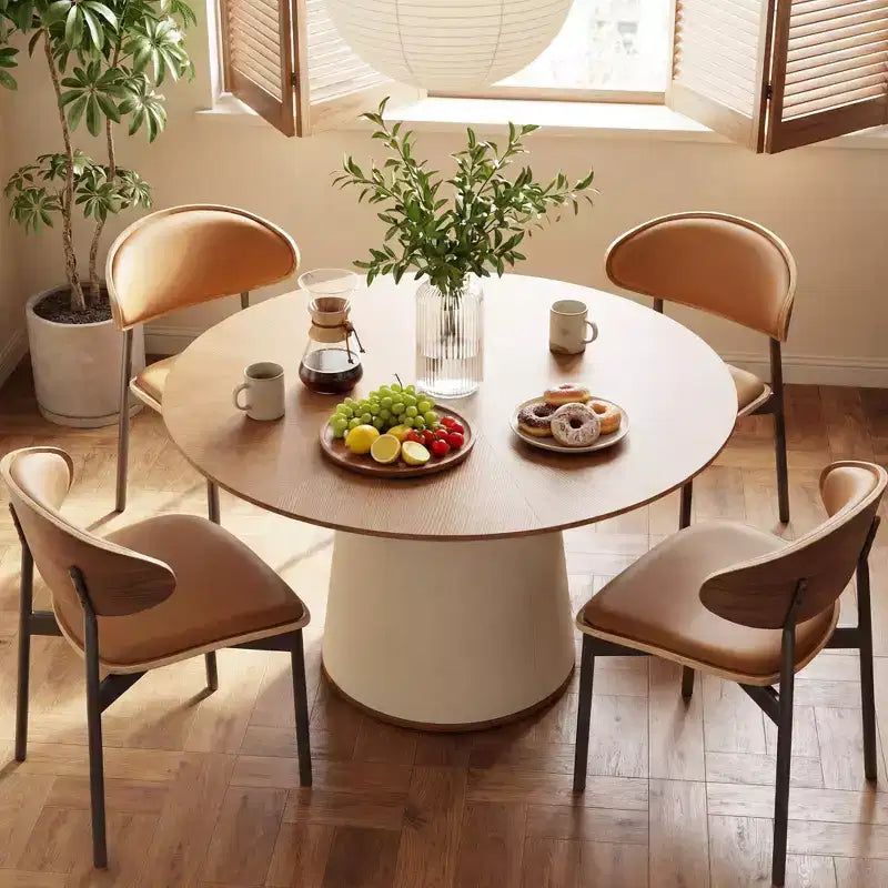 Table à manger ronde de 59 pouces avec base en bois massif et piédestal enveloppé de similicuir, table de cuisine moderne pour salle à manger