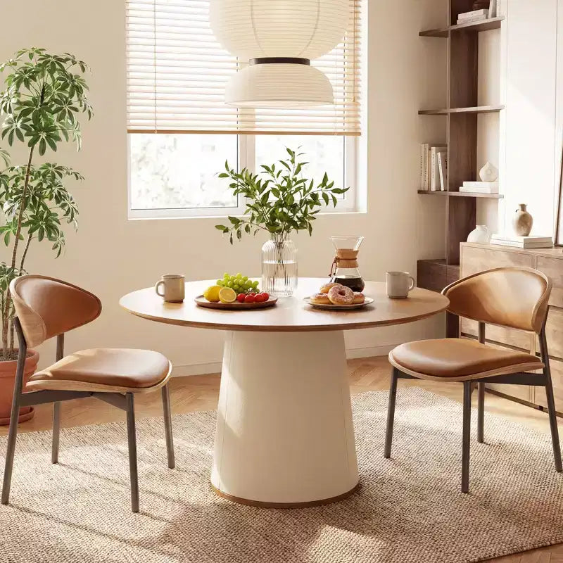 Table à manger ronde de 59 pouces avec base en bois massif et piédestal enveloppé de similicuir, table de cuisine moderne pour salle à manger