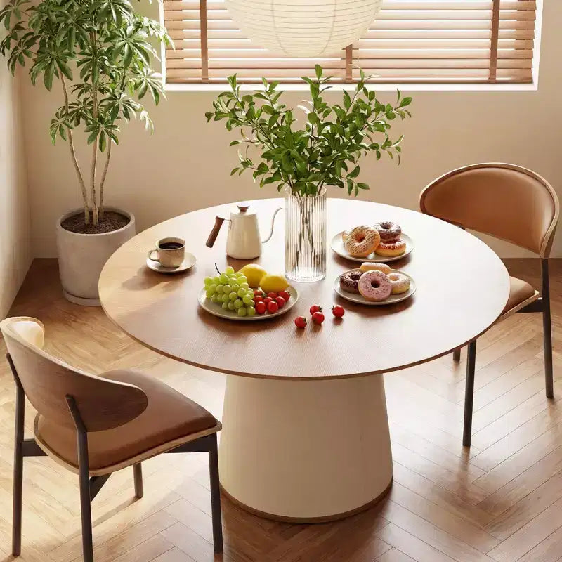 Table à manger ronde de 59 pouces avec base en bois massif et piédestal enveloppé de similicuir, table de cuisine moderne pour salle à manger