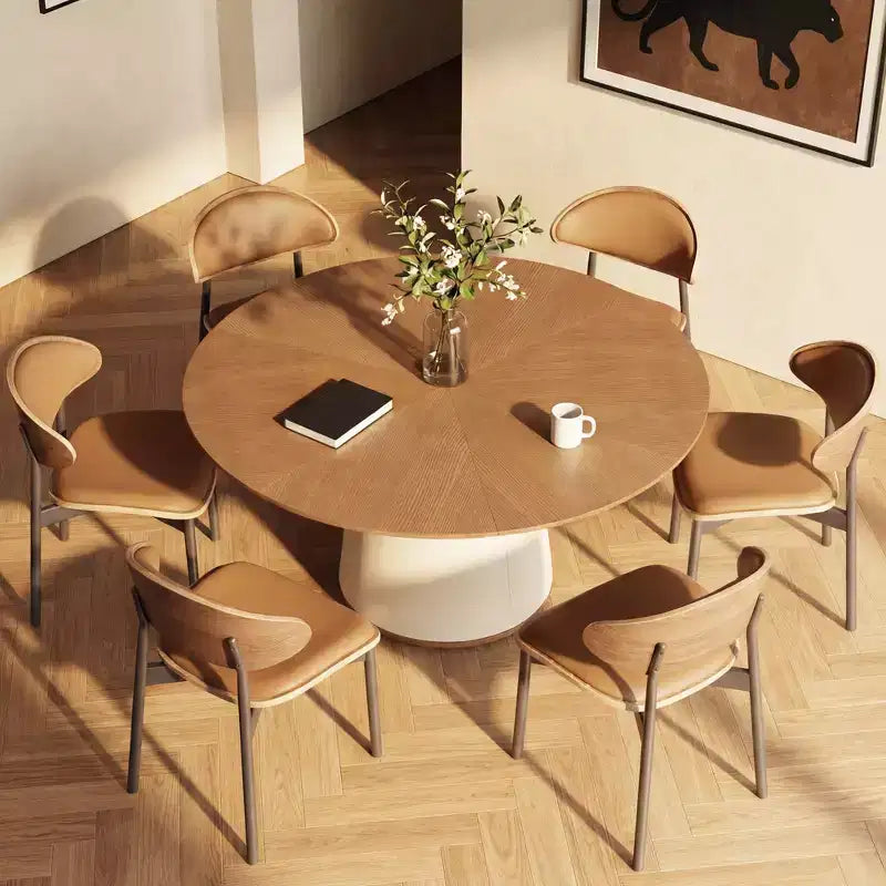 Table à manger ronde de 59 pouces avec base en bois massif et piédestal enveloppé de similicuir, table de cuisine moderne pour salle à manger
