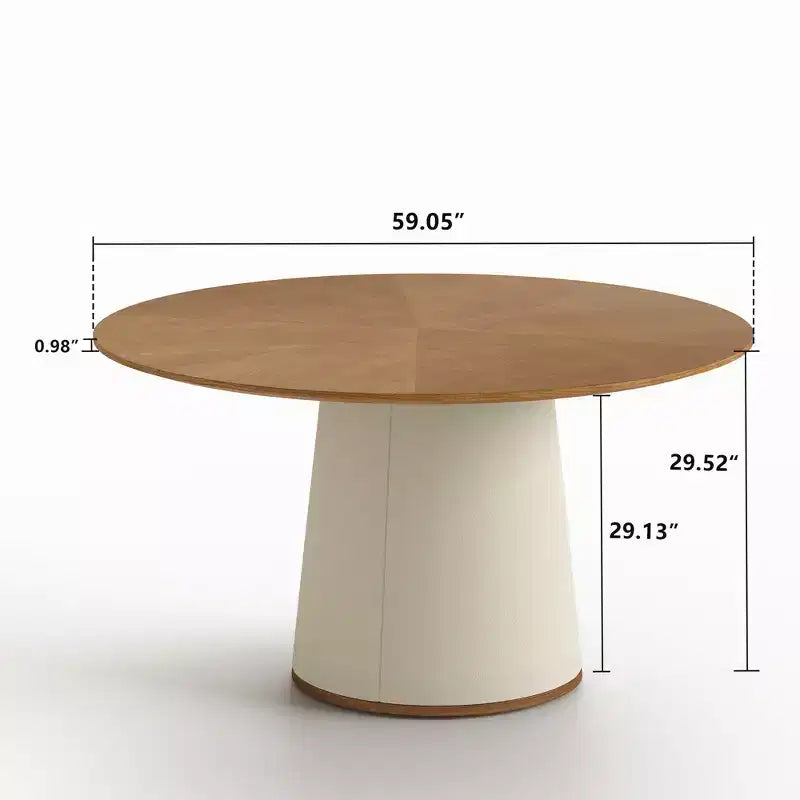 Table à manger ronde de 59 pouces avec base en bois massif et piédestal enveloppé de similicuir, table de cuisine moderne pour salle à manger