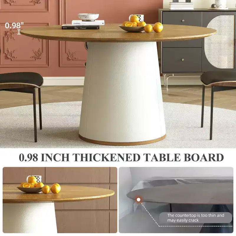 Table à manger ronde de 59 pouces avec base en bois massif et piédestal enveloppé de similicuir, table de cuisine moderne pour salle à manger