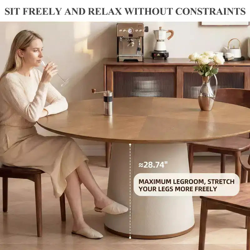Table à manger ronde de 59 pouces avec base en bois massif et piédestal enveloppé de similicuir, table de cuisine moderne pour salle à manger