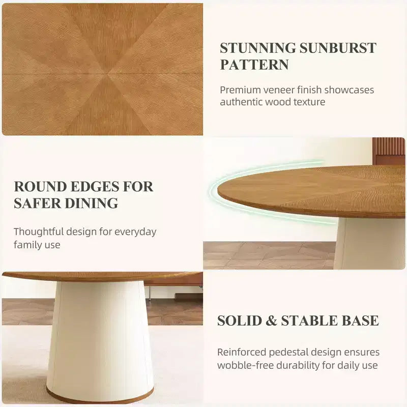 Table à manger ronde de 59 pouces avec base en bois massif et piédestal enveloppé de similicuir, table de cuisine moderne pour salle à manger