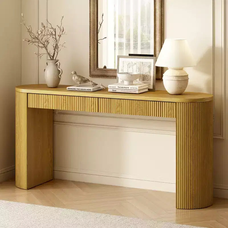 Console en bois cannelé avec tiroirs, table d'entrée étroite pour salon et entrée