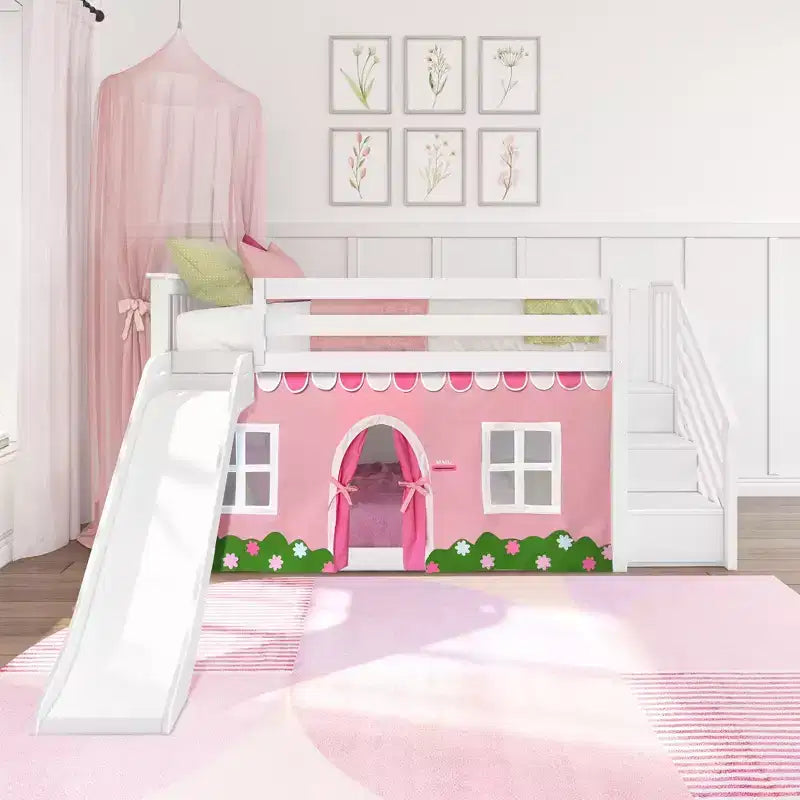 Lit superposé bas jumeau sur jumeau avec escaliers, toboggan facile et rideau de style ferme rose pâle et blanc