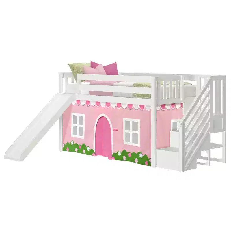 Lit superposé bas jumeau sur jumeau avec escaliers, toboggan facile et rideau de style ferme rose pâle et blanc
