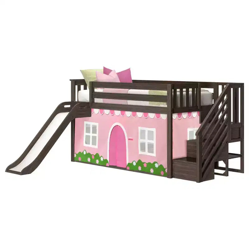 Lit superposé bas jumeau sur jumeau avec escaliers, toboggan facile et rideau de style ferme rose pâle et blanc