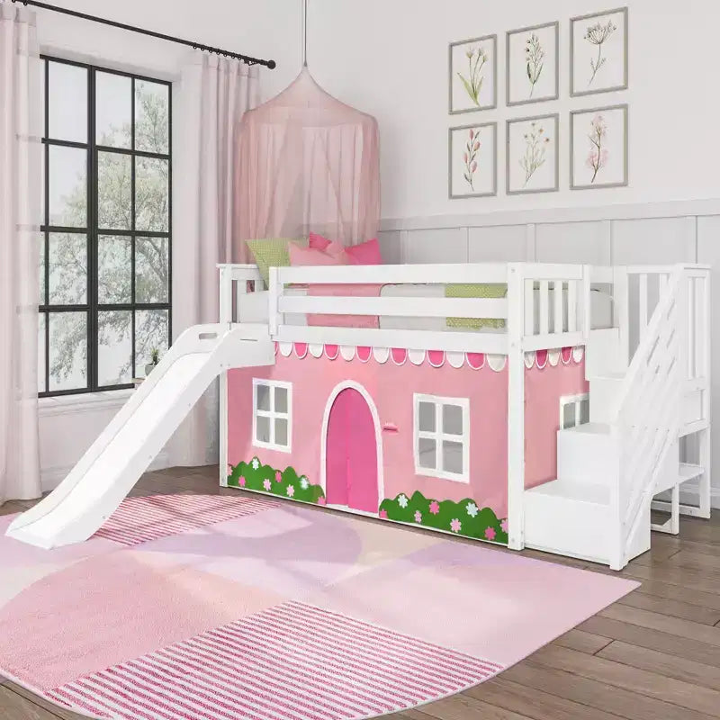 Low Twin over Twin Bunk With Stairs, Easy Slide & Light Pink & White Farmhouse Curtain