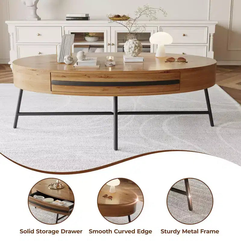 Table basse ovale avec tiroirs, 120 cm, pieds en métal croisés, marron