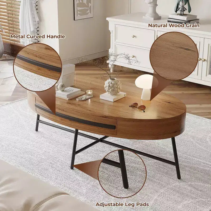 Table basse ovale avec tiroirs, 120 cm, pieds en métal croisés, marron