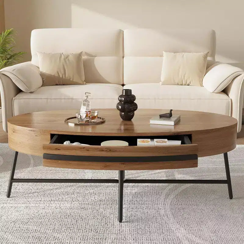 Table basse ovale avec tiroirs, 120 cm, pieds en métal croisés, marron
