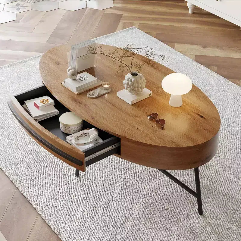 Table basse ovale avec tiroirs, 120 cm, pieds en métal croisés, marron