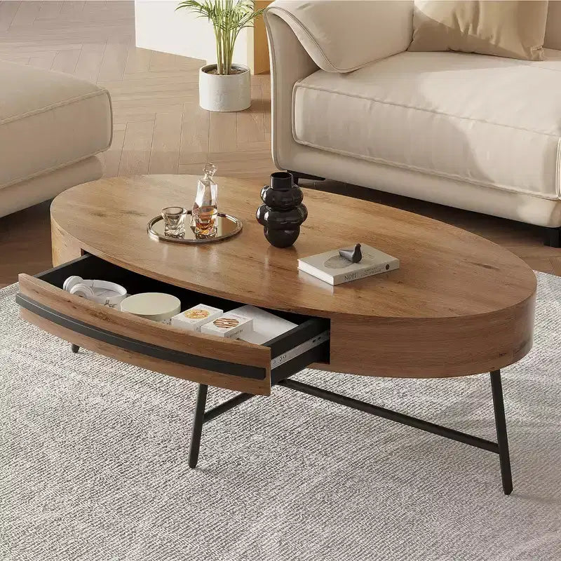 Table basse ovale avec tiroirs, 120 cm, pieds en métal croisés, marron