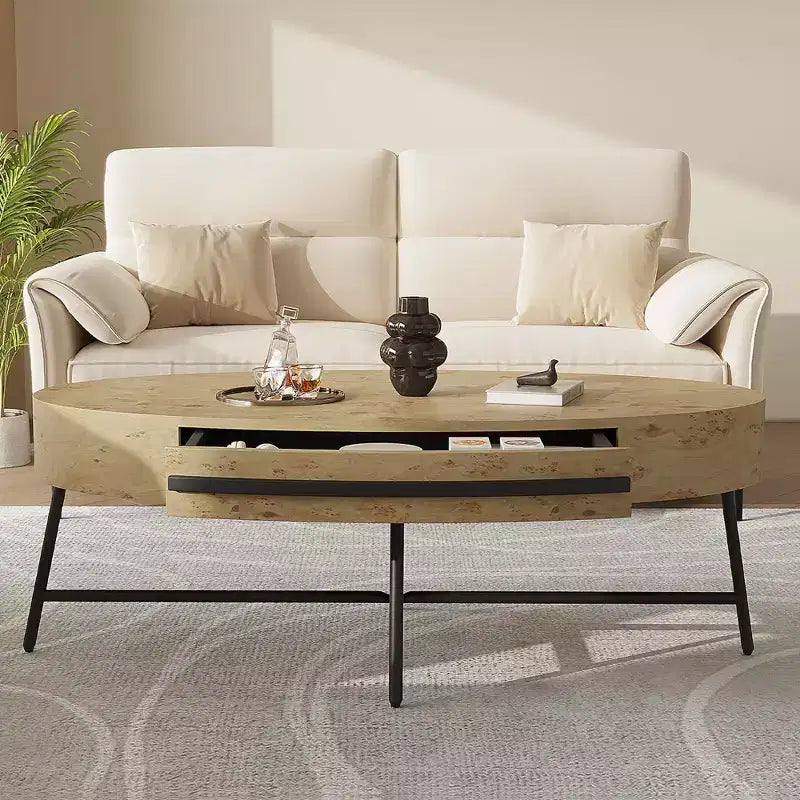 Table basse ovale avec tiroirs, 120 cm, pieds en métal croisés, marron