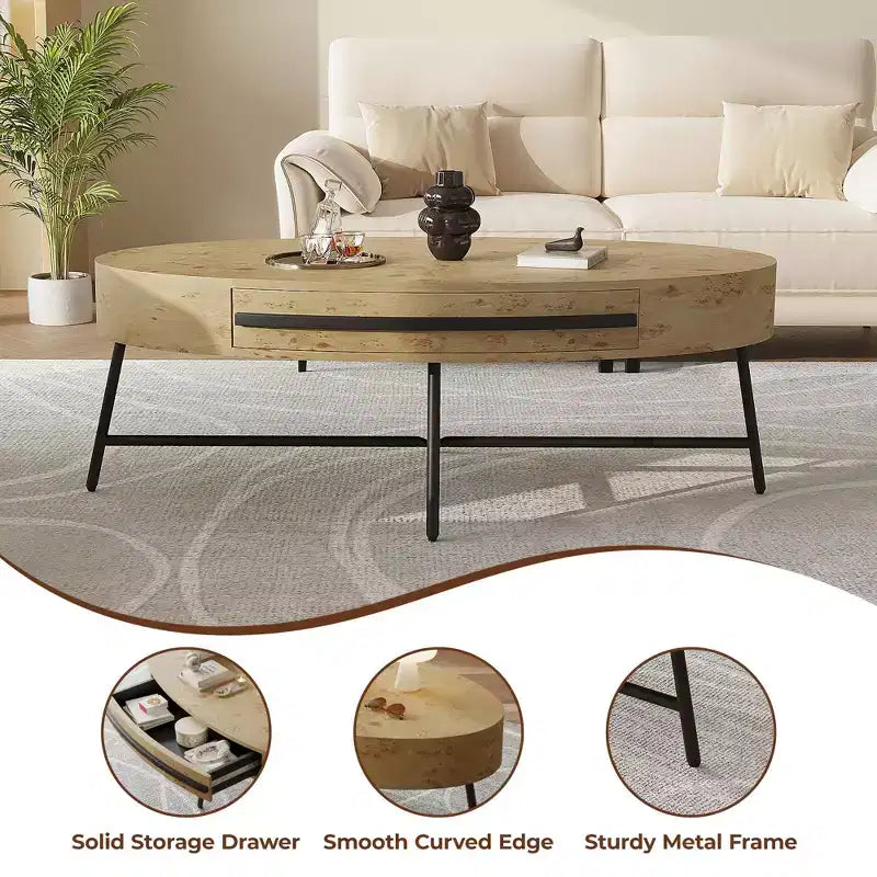 Table basse ovale avec tiroirs, 120 cm, pieds en métal croisés, marron