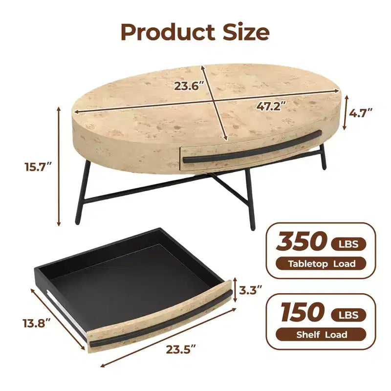 Table basse ovale avec tiroirs, 120 cm, pieds en métal croisés, marron