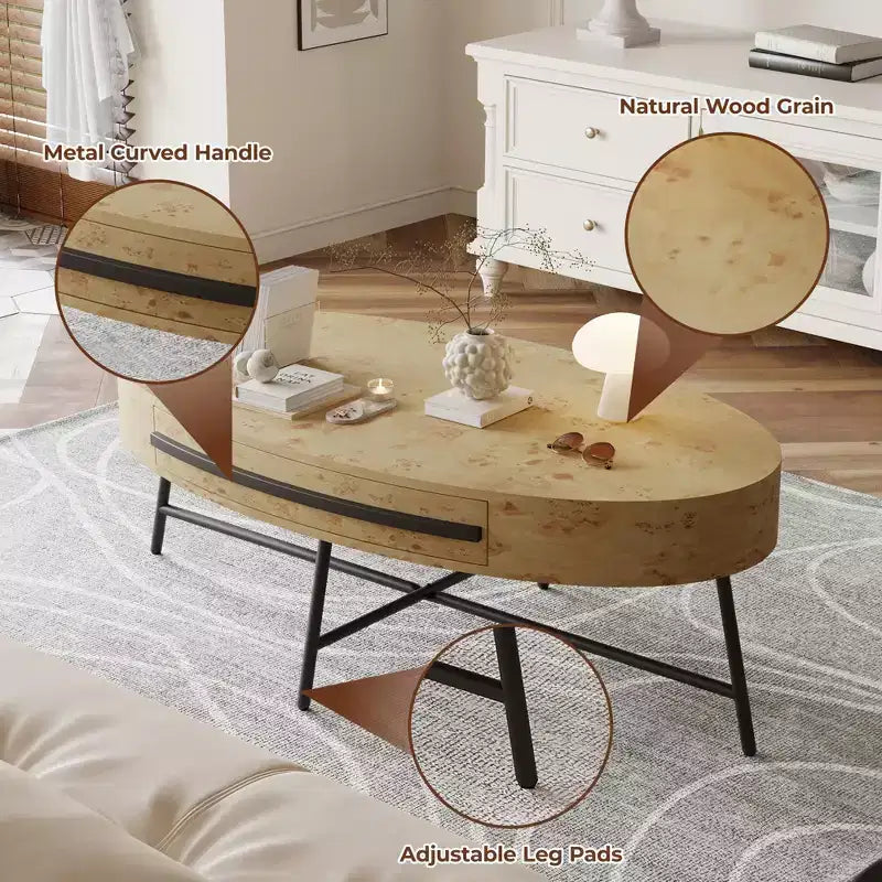 Table basse ovale avec tiroirs, 120 cm, pieds en métal croisés, marron
