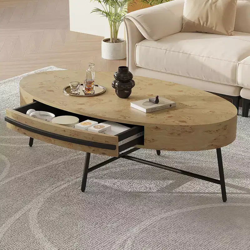 Table basse ovale avec tiroirs, 120 cm, pieds en métal croisés, marron