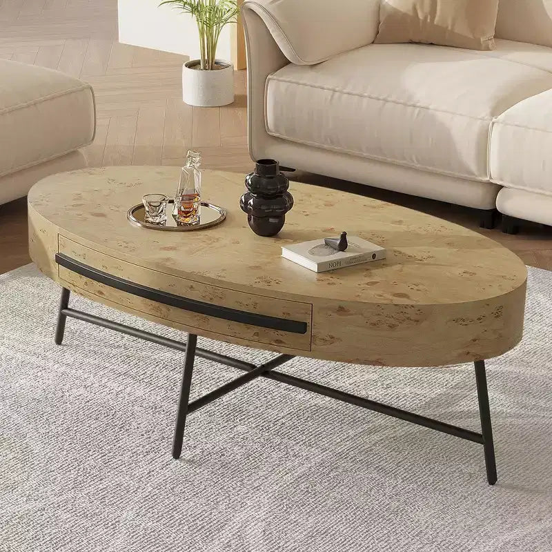 Table basse ovale avec tiroirs, 120 cm, pieds en métal croisés, marron