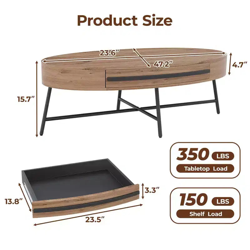 Table basse ovale avec tiroirs, 120 cm, pieds en métal croisés, marron