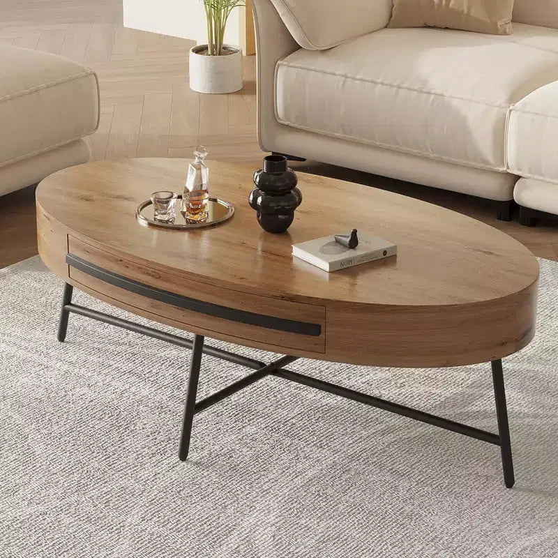 Table basse ovale avec tiroirs, 120 cm, pieds en métal croisés, marron