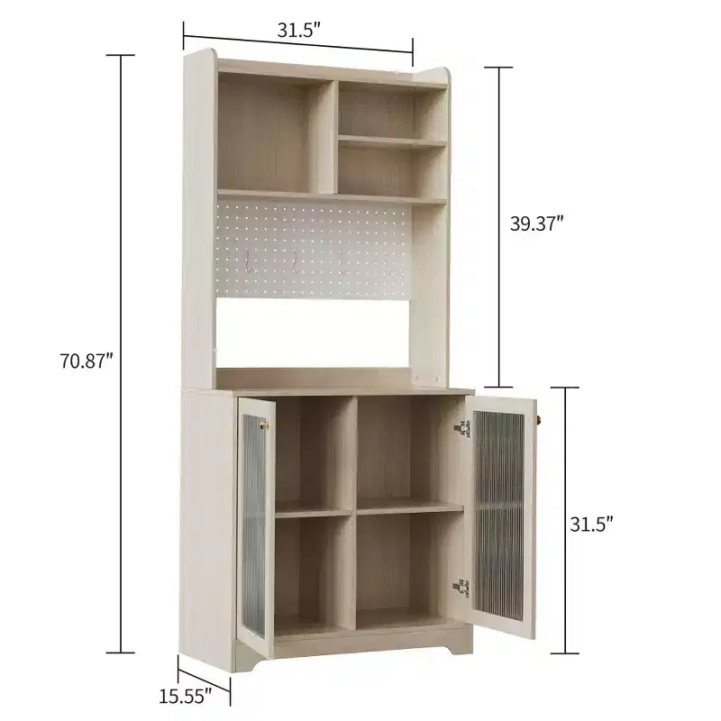 Armoire de cuisine haute de 180 cm avec 2 portes vitrées, meuble de rangement de cuisine autonome avec étagères réglables, buffet de style ferme, bar à café