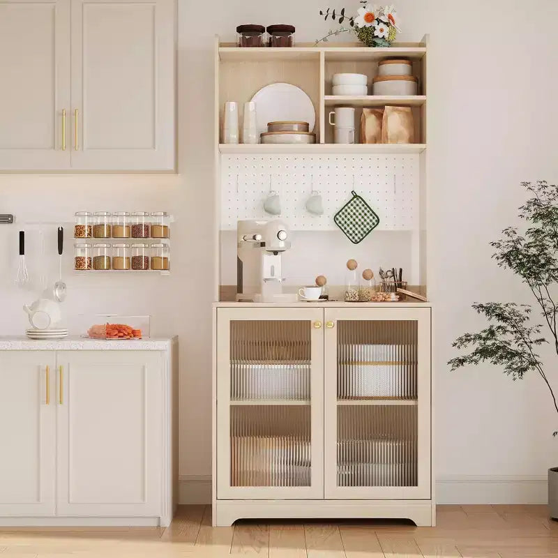 Armoire de cuisine haute de 180 cm avec 2 portes vitrées, meuble de rangement de cuisine autonome avec étagères réglables, buffet de style ferme, bar à café