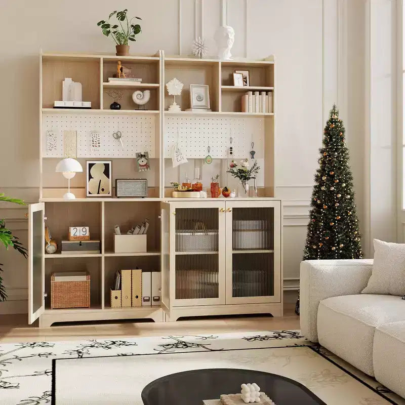 Armoire de cuisine haute de 180 cm avec 2 portes vitrées, meuble de rangement de cuisine autonome avec étagères réglables, buffet de style ferme, bar à café