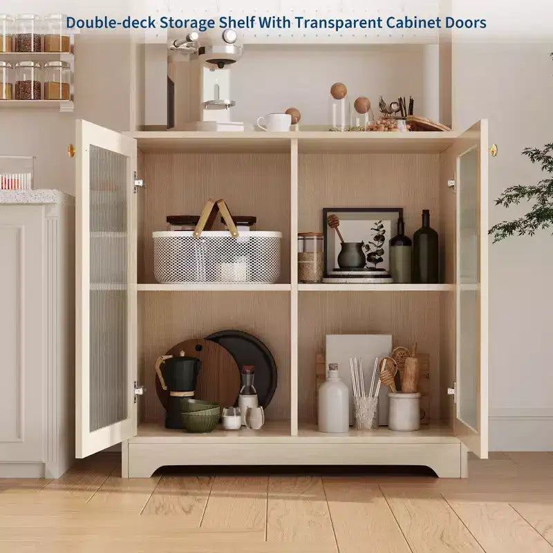 Armoire de cuisine haute de 180 cm avec 2 portes vitrées, meuble de rangement de cuisine autonome avec étagères réglables, buffet de style ferme, bar à café